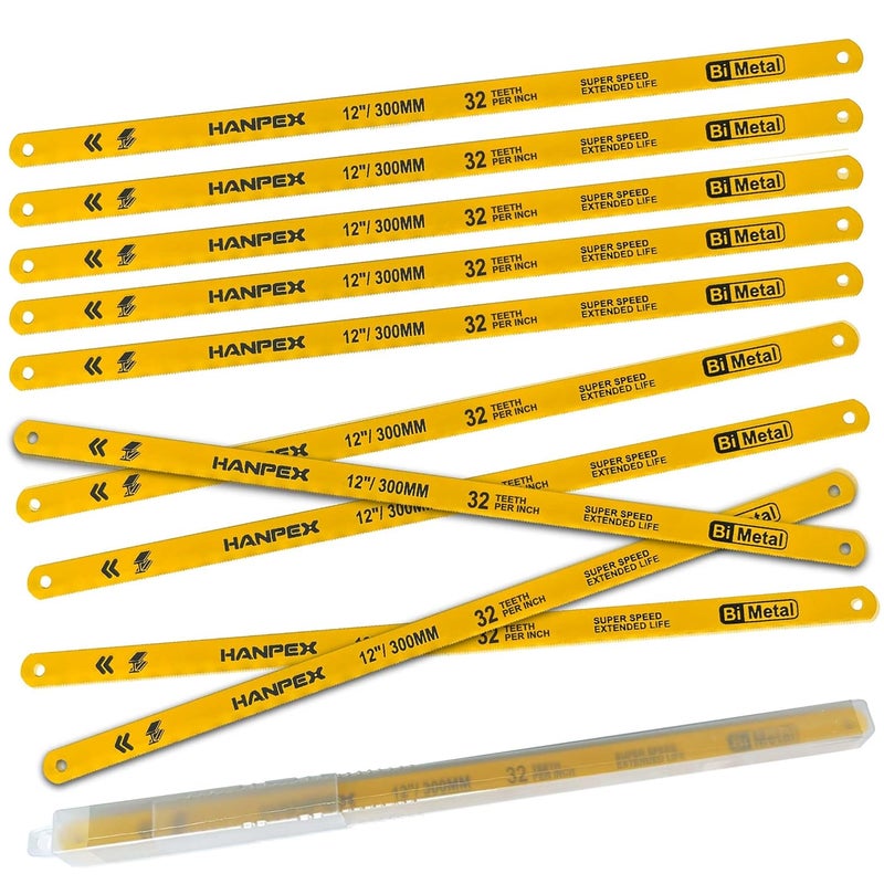 Hanpex Hacksaw Replacement Blades (10 Pack) High Speed 32 TPI - 12" Length Hack Saw Blade - Bi-Metal HSS Cutting Blades - Image 1